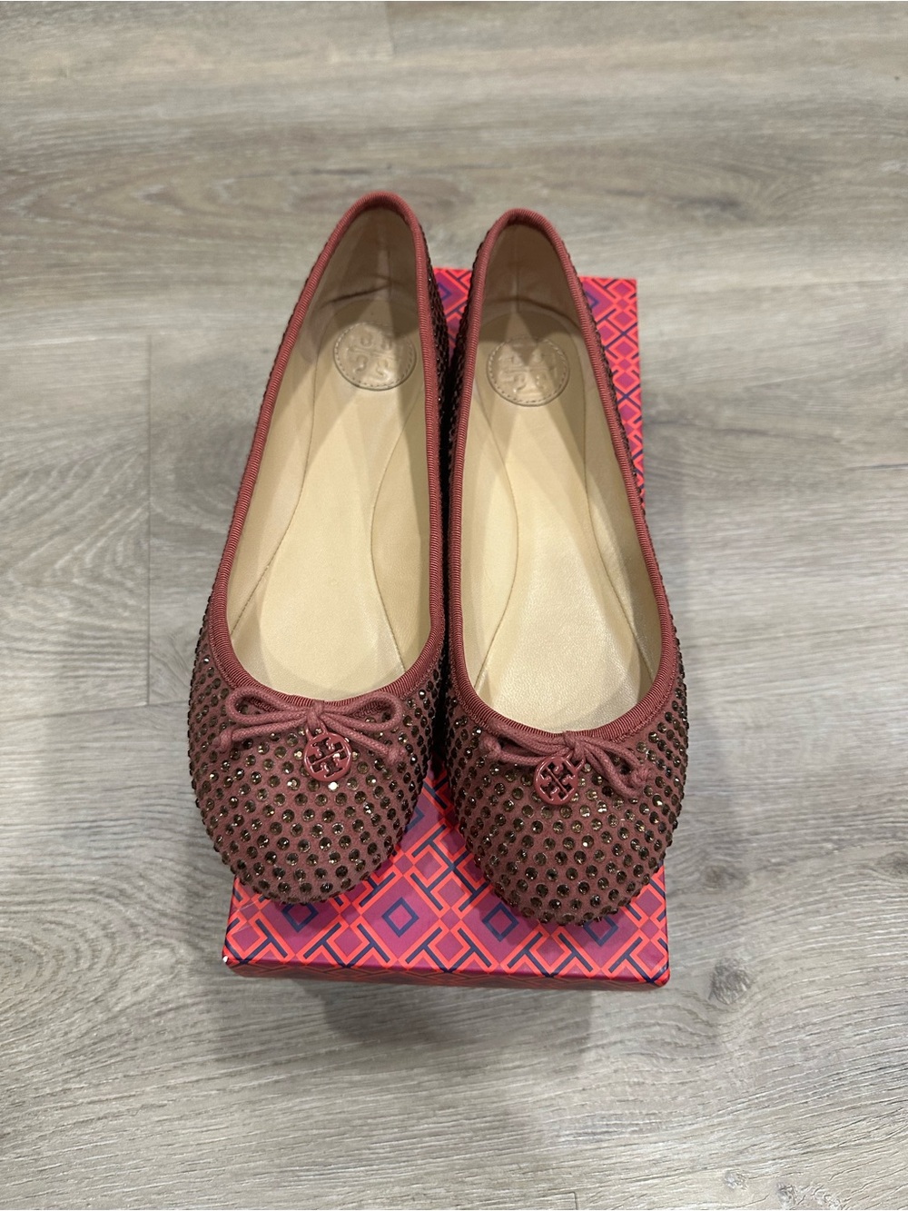 Tory Burch Burgundy Crystal-Stud Ballet Flats
